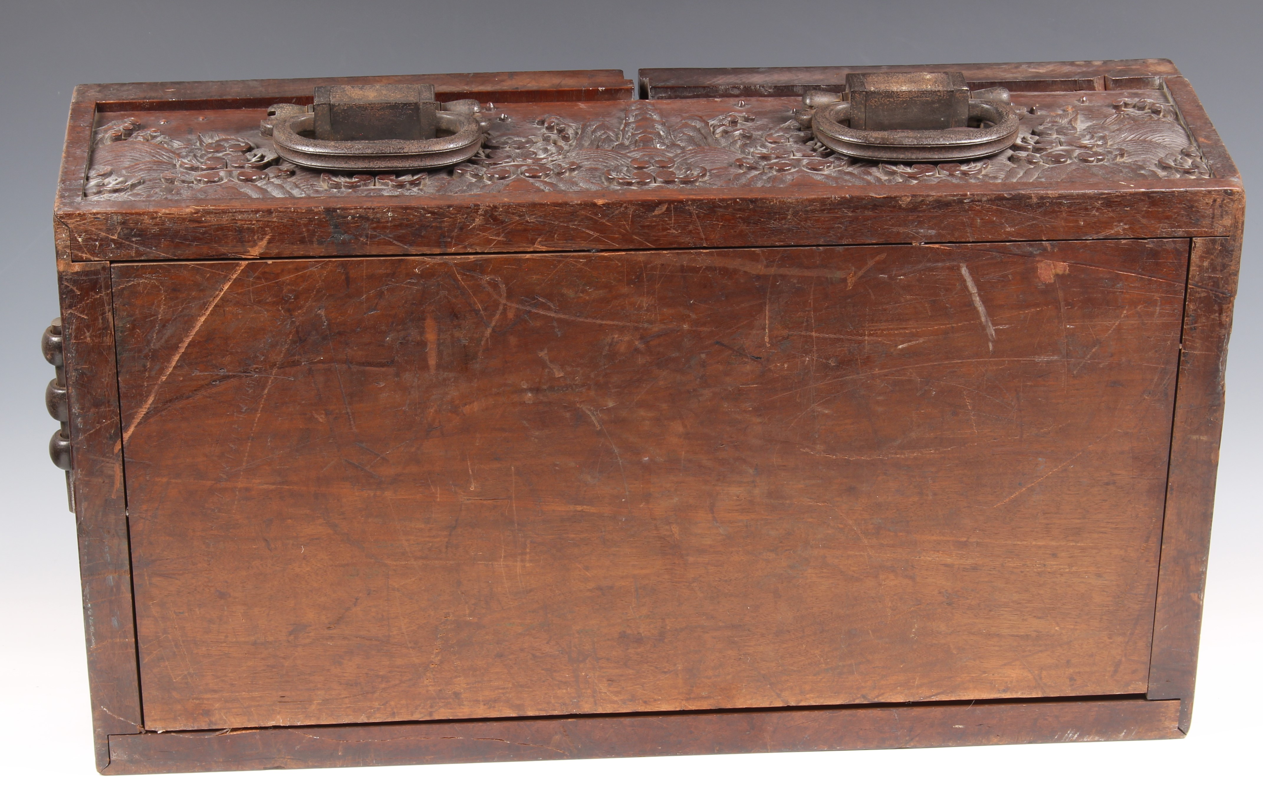A Chinese carved teak document/writing box with iron furniture, probably 19th century, the two - Image 10 of 10