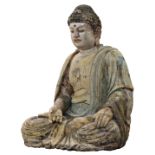 An extremely rare life-size antique Chinese polychrome wood figure of Buddha Shakyamuni,