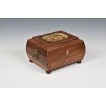 A Regency rosewood & mahogany work box, of shaped sarcophagus form, the hinged cover with