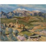 Susan Swann-Mason (British, 20th century), Church and village in a mountainous landscape, oil on