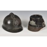 A French Adrian helmet, with RM plate, together with a shako with Guard star plate with