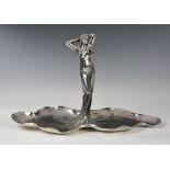 A WMF Art Nouveau silver plated visiting card tray, early 20th century, depicting a female figure in