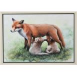 Nick Parlett (Jersey, 20th, 21st century), Vixen and Cubs, watercolour and body colour, signed lower