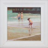 Zlatan Pilipovic (b.1958 Sarajevo), Three Children on the Shoreline by a Pier, oil on hardboard,