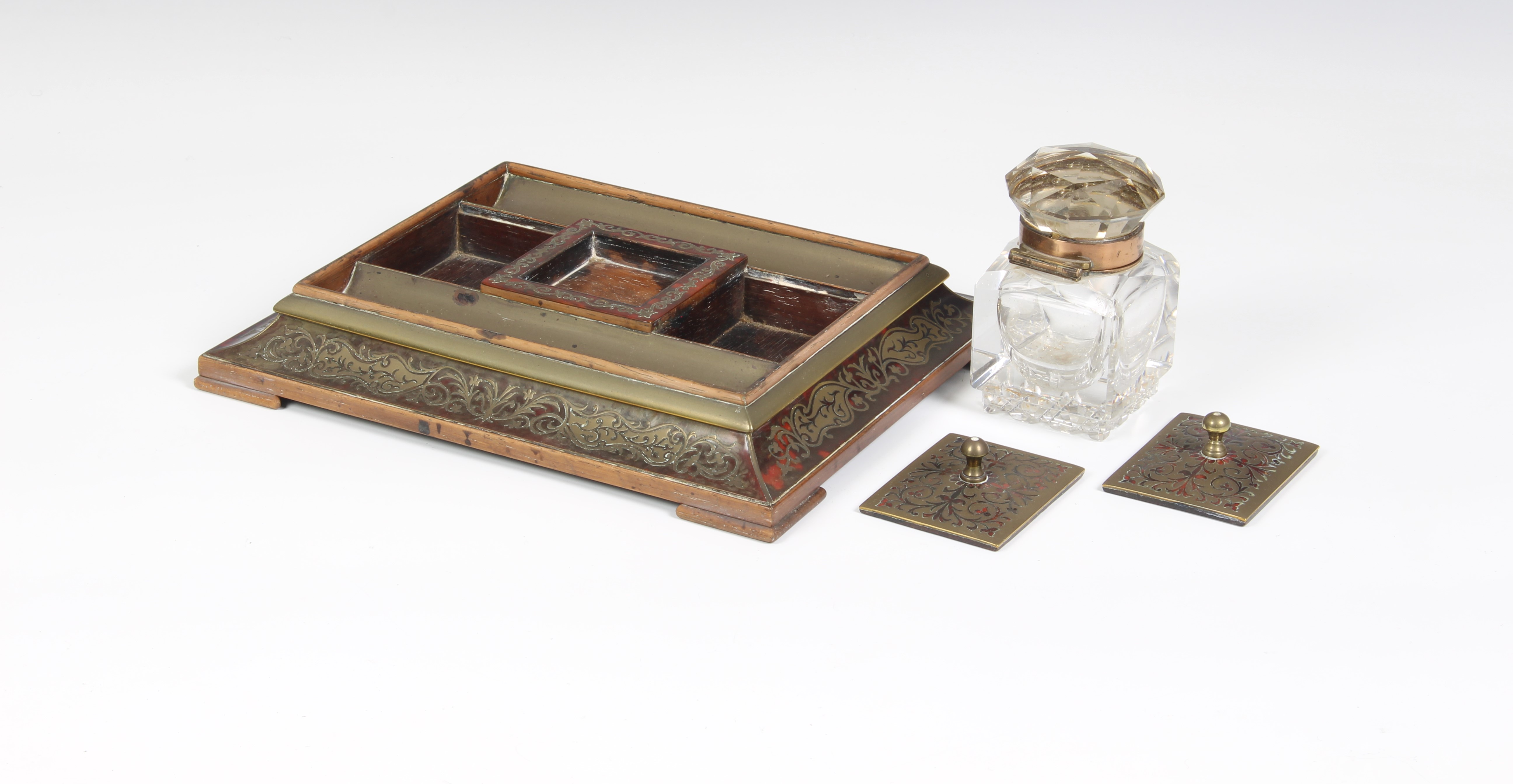 A 19th century Boulle ink stand, the rectangular stand with two brass pen trays and two lidded - Image 2 of 3