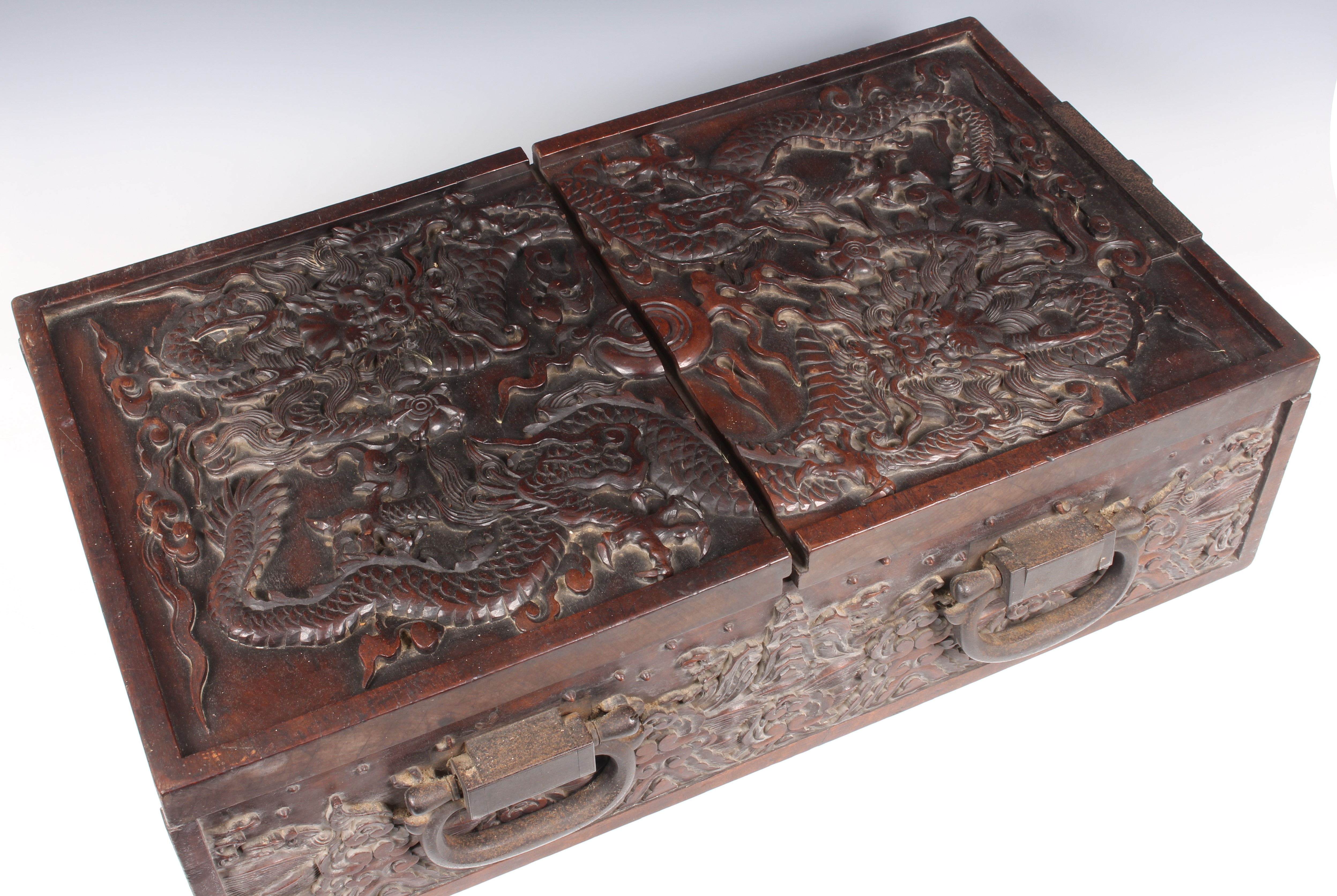 A Chinese carved teak document/writing box with iron furniture, probably 19th century, the two - Image 5 of 10