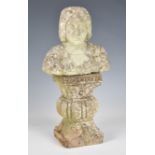 A composite stone bust on a pedestal base, 15½in. (39.4cm.) high. (2)
