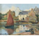 Henri Berton (French, late 20th century), Breton Coastal Village, oil on board, signed lower left "