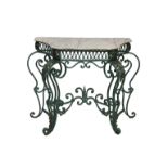 A serpentine wrought iron console table with white marble top, the scrolled base with applied