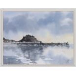 Jackie Wells (British, 20th century), Gorey and Mont Orgueil, Jersey, watercolour, signed in