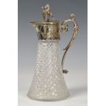 A cut glass claret jug with silver plated mount, late 19th century, the flared, diamond and