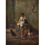 English School (late 19th century), A young boy feeding chickens, oil on canvas, unsigned,