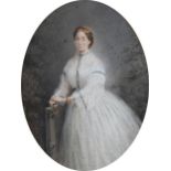 English School (19th century), A portrait of a lady in a white dress, holding a pink rose, three