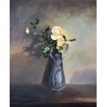 Peter Newcombe (British, b.1943), Still life of roses in an Art Nouveau pewter vase, oil on