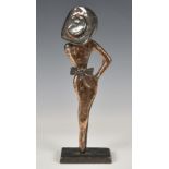 Yves Lohe patinated bronze female figure, wearing a hat, bow to the back and stamped ‘Lohe’ on the