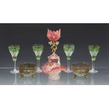 A set of four John Walsh etched and green cased wine glasses, first half-20th century, the bowls