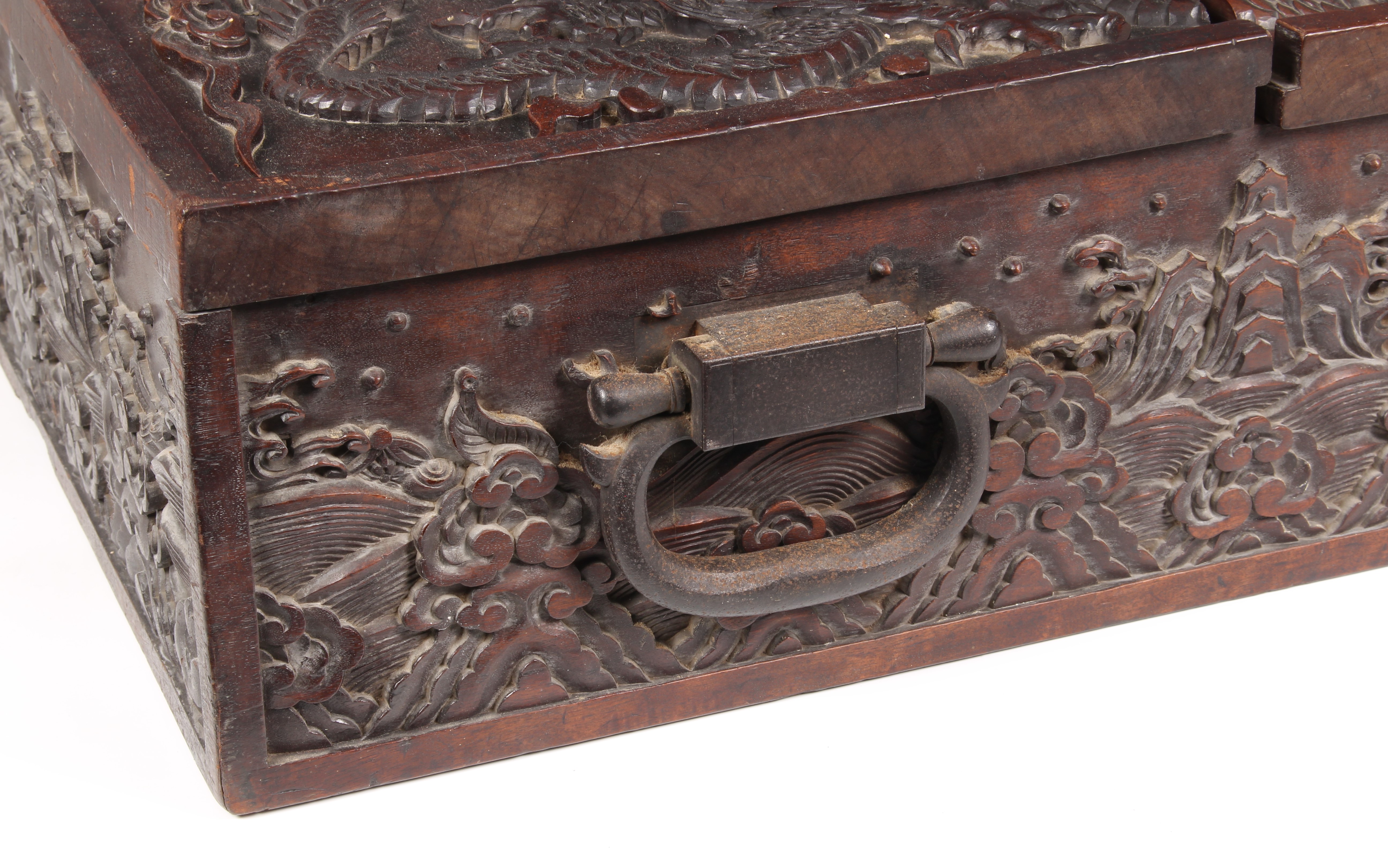 A Chinese carved teak document/writing box with iron furniture, probably 19th century, the two - Image 3 of 10