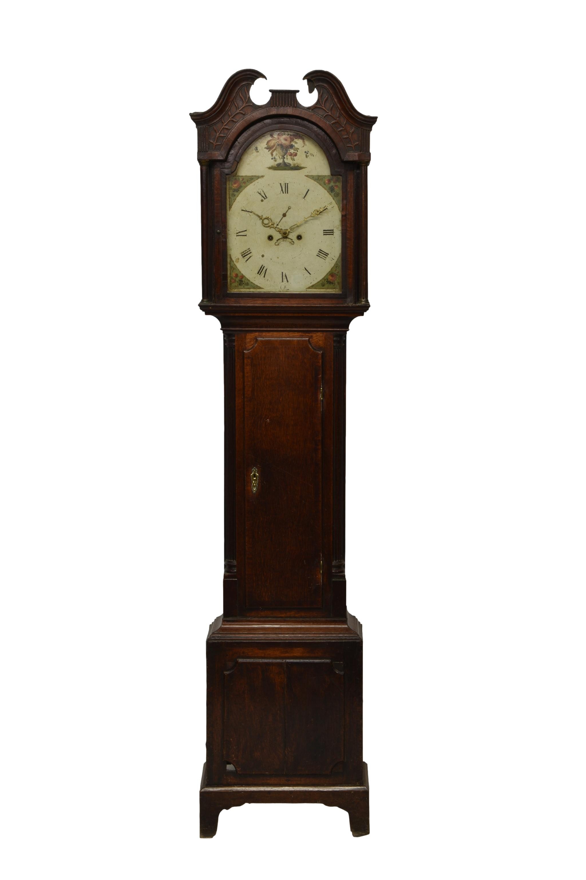 A late 18th century oak eight day longcase clock the bell strike movement fronted by a painted Roman - Image 2 of 3