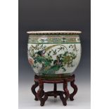 A large Chinese famille rose verte porcelain fish bowl probably 19th century, circular form, painted