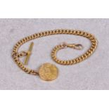 A 9ct gold curb link fob chain hallmarked '9.375', with attached 9ct gold circular locket with