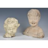 A glazed terracotta bust of a cherub 20th century, with a thick, off-white crackle glaze, signed