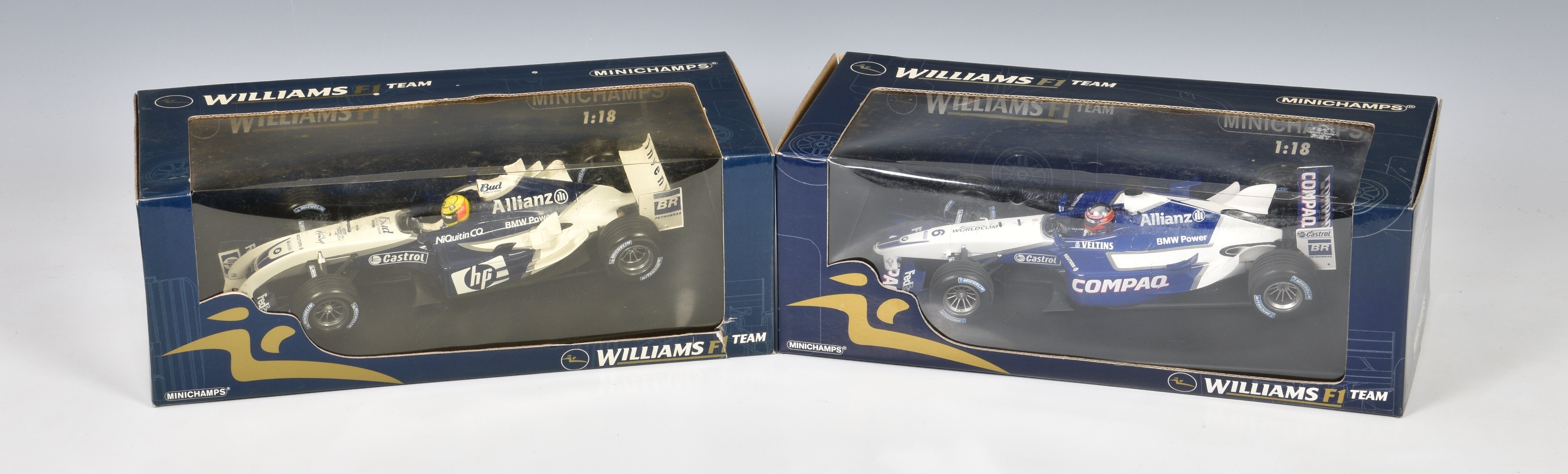 Two boxed 1:18 scale Minichamps die-cast Williams F1 Racing Cars to include BMW FW26 R. Schumacher &