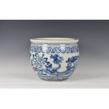 A Chinese blue and white porcelain fish bowl 19th century, circular form, painted with two long