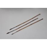 Three tribal arrows shaped metal points, bamboo shafts, 22¼in. (56.5cm.) long. (3)