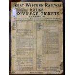 Railwayana - GWR Great Western Railway poster - NOTICE PRIVILEGE TICKETS APPENDIX, pasted to