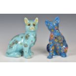 A French pottery Galle style cat seated, turquoise glazed with painted sprays of flowers and inset