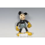 A rare Dean's Rag Book Co. wooden Mickey Mouse toy turned and painted wood, yellow felt hands, black