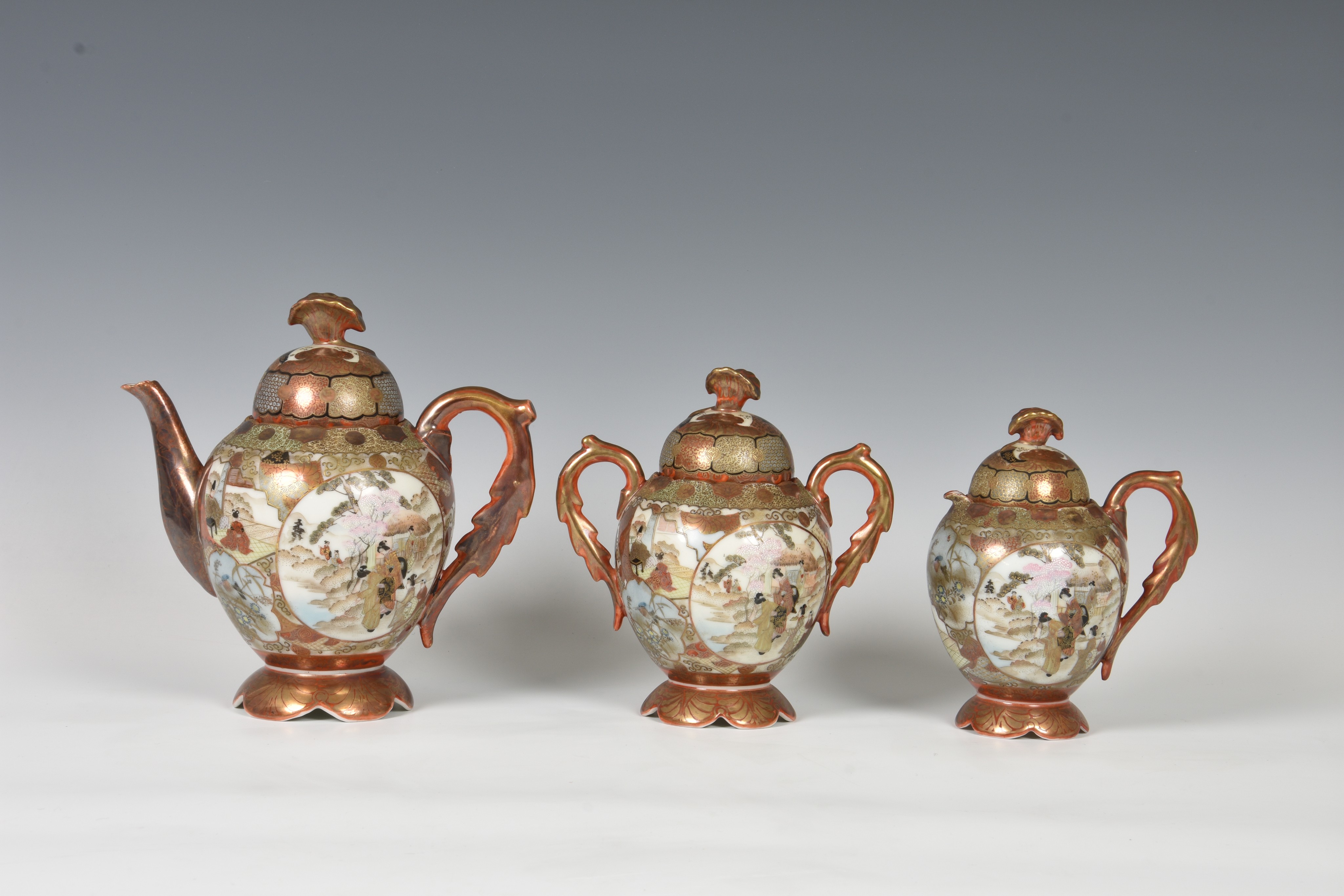 A Japanese Satsuma porcelain part tea service early 20th century, comprising a teapot, cream jug, - Image 7 of 8