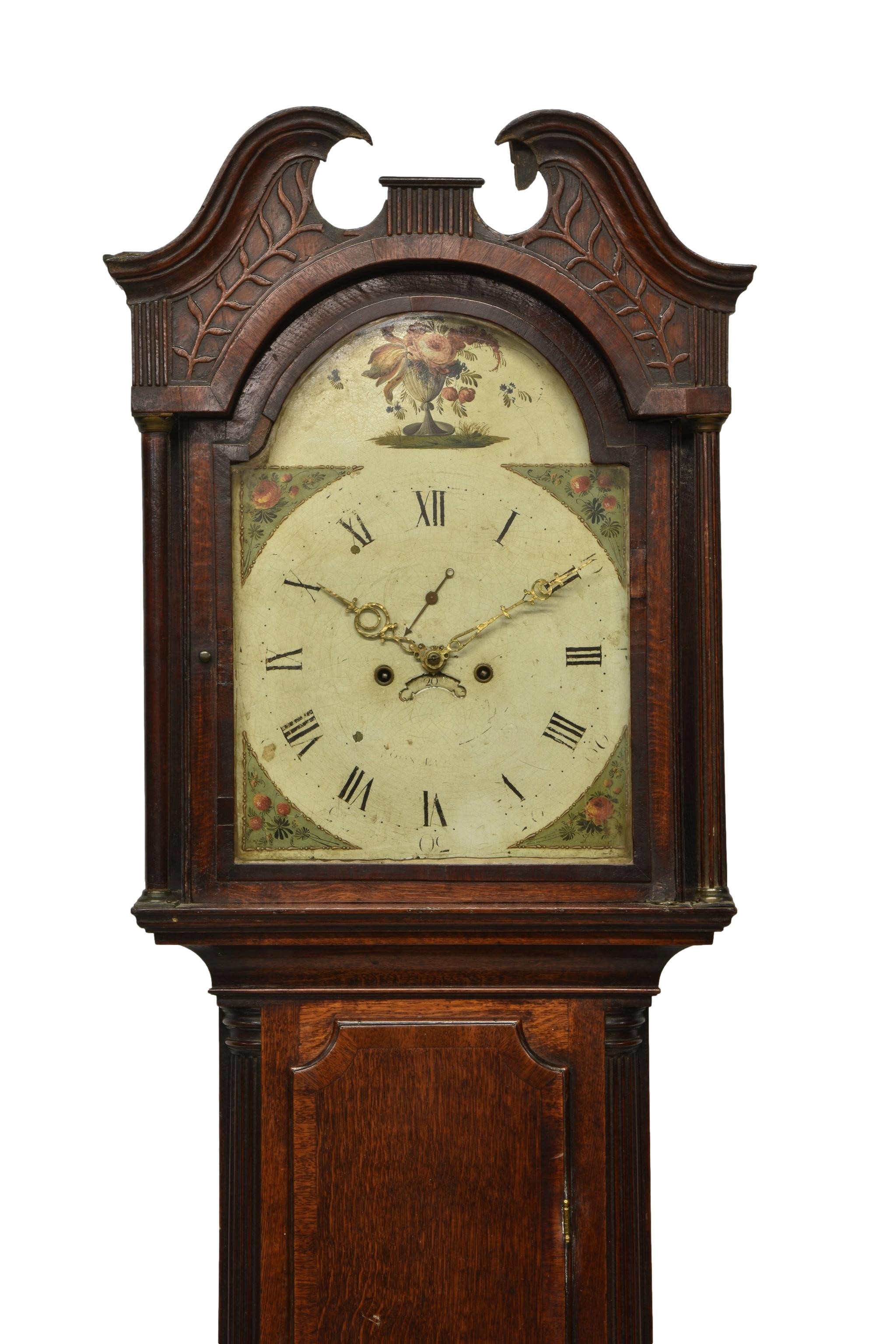 A late 18th century oak eight day longcase clock the bell strike movement fronted by a painted Roman - Image 3 of 3