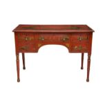 A red lacquered chinoiserie writing desk early 20th century, the surface decorated with a black