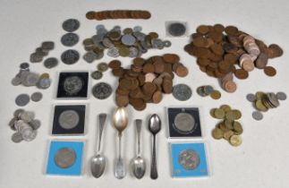 A collection of vintage Worldwide coinage and four silver spoons. Quantity.