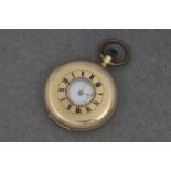 A 14ct yellow gold half hunter fob wind pocket watch c.1920, the white enamel Roman dial with