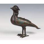 A 19th century Chinese archaistic bronze and champlevé enamel pheasant incense burner of a 16th