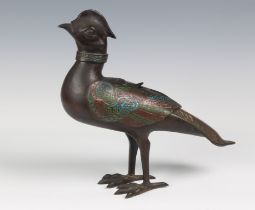 A 19th century Chinese archaistic bronze and champlevé enamel pheasant incense burner of a 16th