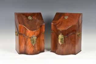 Two George III mahogany knife boxes both with interiors converted and baize lined, of typical