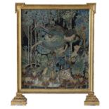An Art Nouveau gilt wood fire screen incorporating a finely executed watercolour on silk depicting