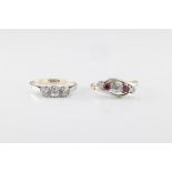 Two vintage 9ct gold stone set rings comprising a 9ct gold, platinum, garnet and white sapphire five