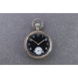 A Record keyless wind open faced WW2 military pocket watch the black, unsigned dial with white