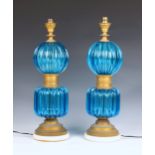 A pair of French blue glass, gilt brass and marble table lamps second half 20th century, the urn