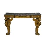 An early 20th century carved giltwood console table in the Neo Classical style with a variegated