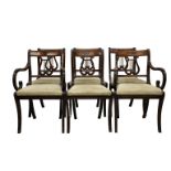 A set of six mahogany lyre back dining chairs to include two carvers, 1930's.