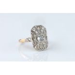 An antique 14ct white gold, platinum and diamond plaque ring 1920s-30s, hallmarked '585', the