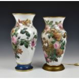 Two floral decorated Bohemian opaline glass vases with cherubs one converted to a lamp (drilled) , o