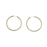 A pair of 9ct gold large hoop earrings with rope twist decoration to one side, diameter 3.6cm. (2)