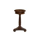 A Victorian mahogany jardinière on a tapered fluted column above an incuse triangular platform base,