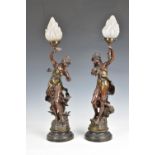 After Louis-Auguste Moreau, French, 1855-1919 pair of spelter figural classical maidens table lamps,